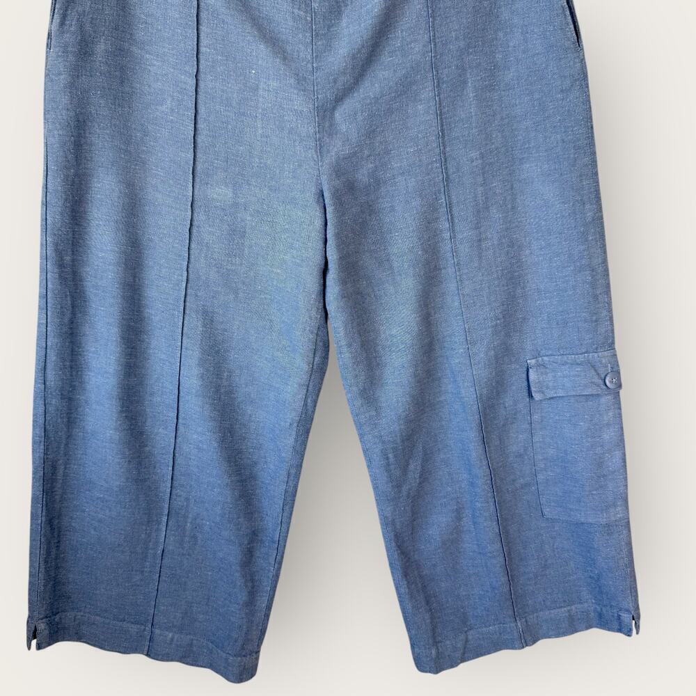 Coldwater Creek Vintage Linen Blend Cargo Crop Wide Leg Pants Pullon Size L Blue - Picture 5 of 14